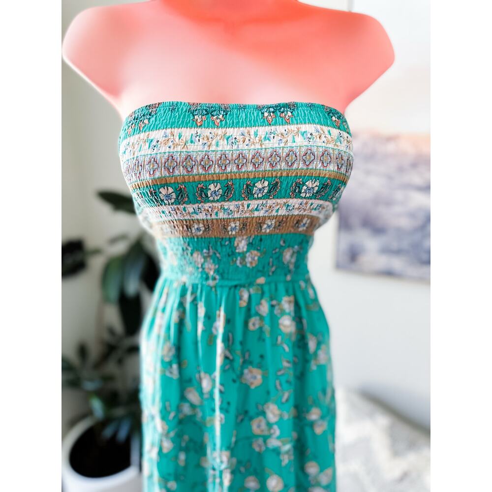 Barefoot Beneath the Palms strapless Smocked flowing boho floral maxi dress M - Picture 6 of 10